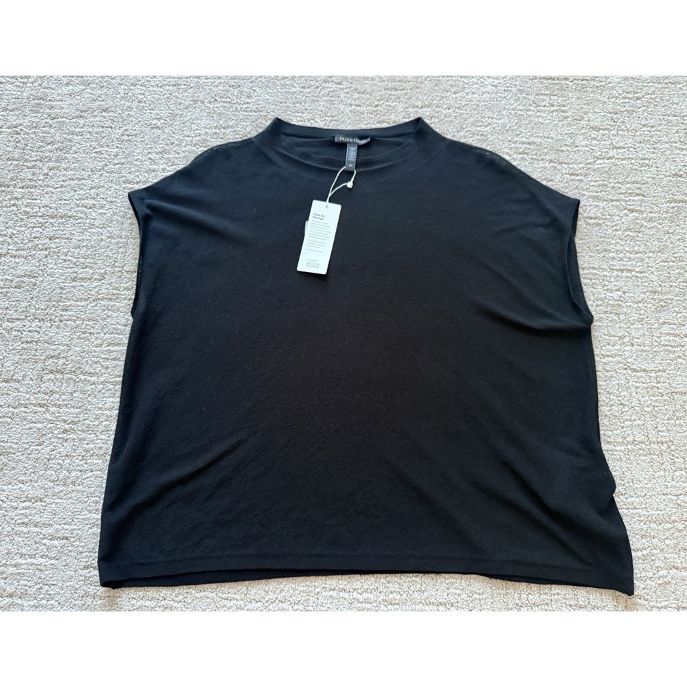 NWT Eileen Fisher 100% Organic Cotton Funnel neck Semi Sheer Black Top Sz S $198